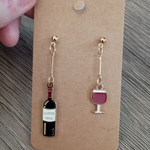 Wine Bottle and Glass Dangle Earrings